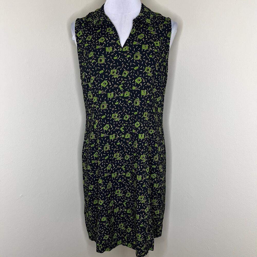 Vintage R&K Originals Dress 8 Shift Black Green Collared Abstract 80s Split Neck